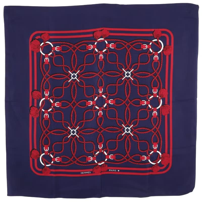 【日本直送】エルメス HERMES カレ スカーフ ロープ柄 シルク 紺/赤 レディース【中古】