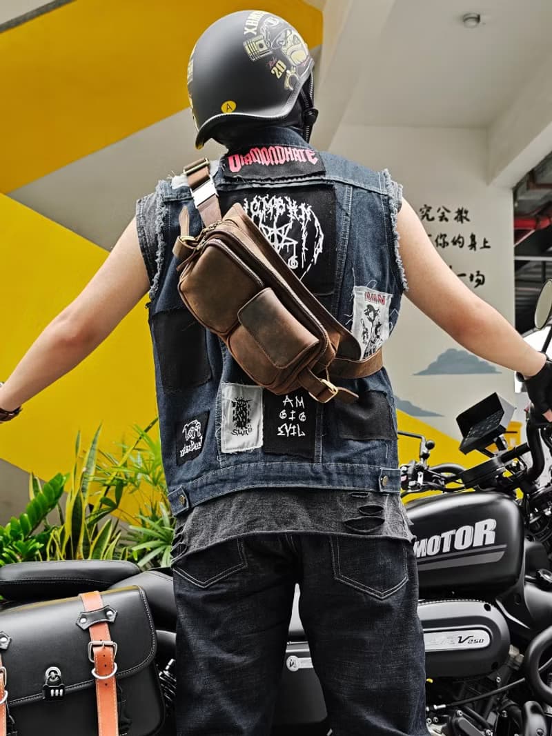 復古瘋馬牛皮男士腰包 機車騎士個性胸包 多口袋大容量斜挎包