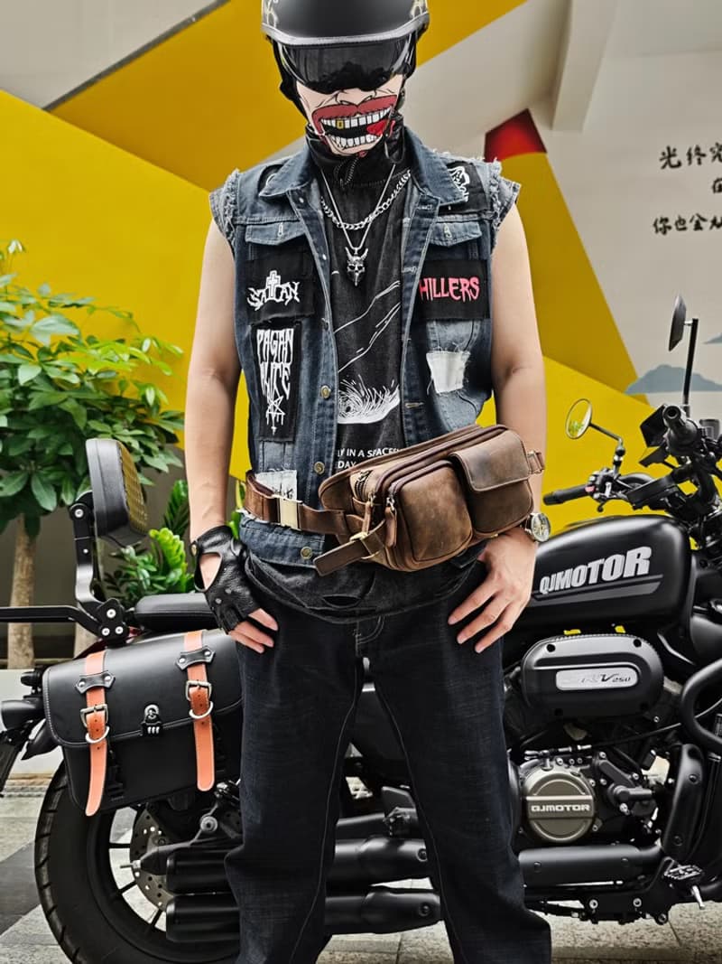復古瘋馬牛皮男士腰包 機車騎士個性胸包 多口袋大容量斜挎包