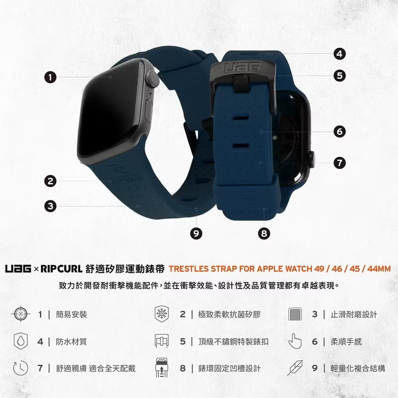 UAG X RIP CURL Apple Watch 42/44/45/46/49mm 雙色矽膠運動錶帶
