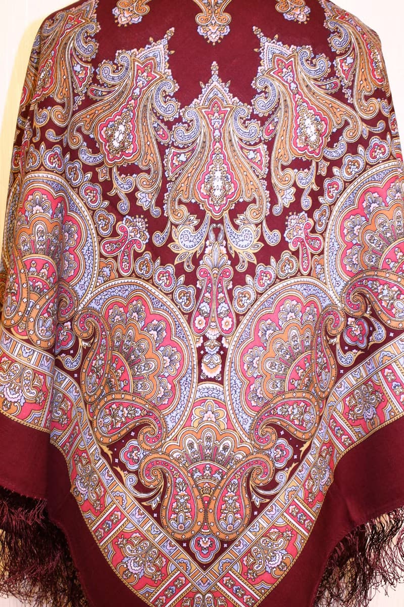 Pavlovo Posad Russian Shawl 100% Wool Scarf 125x125 cm Wrap Silk Fringe 1581-7