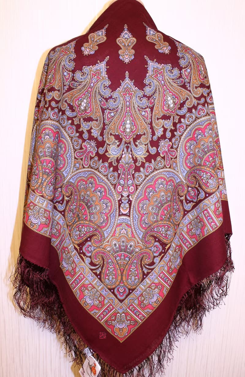 Pavlovo Posad Russian Shawl 100% Wool Scarf 125x125 cm Wrap Silk Fringe 1581-7