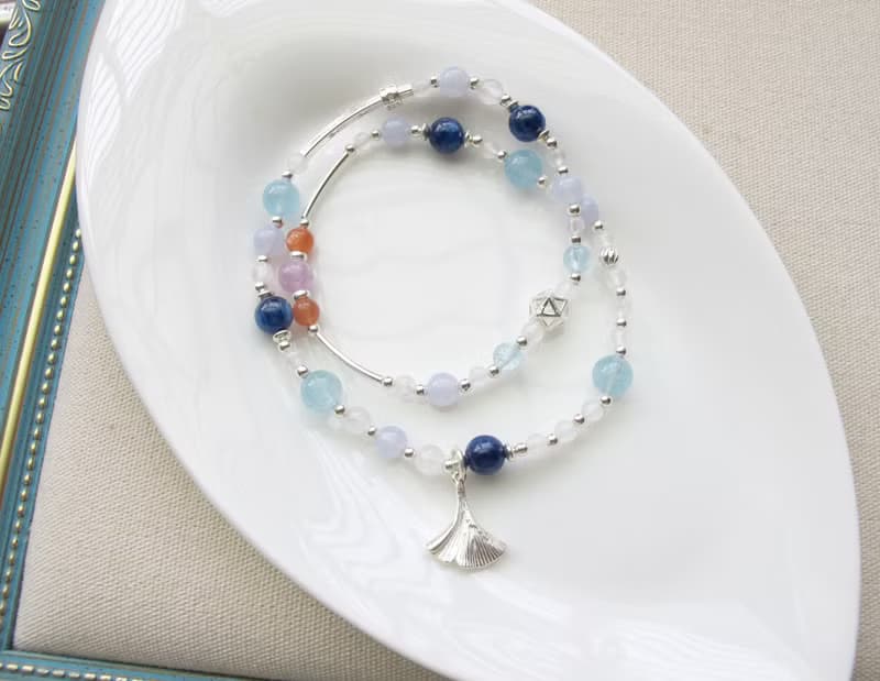 太陽石 孔賽石 藍晶石 月光石 海水藍寶 藍紋瑪瑙 雙圈手鍊