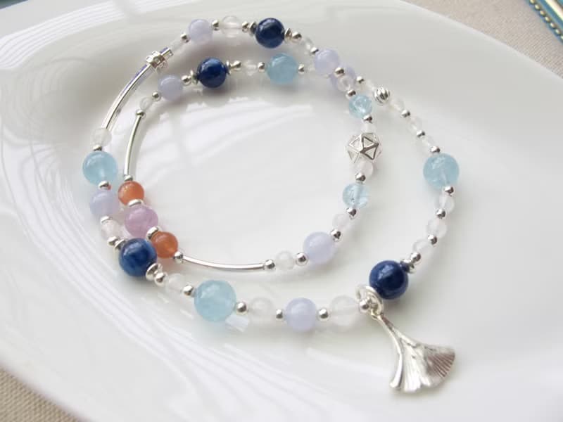 太陽石 孔賽石 藍晶石 月光石 海水藍寶 藍紋瑪瑙 雙圈手鍊
