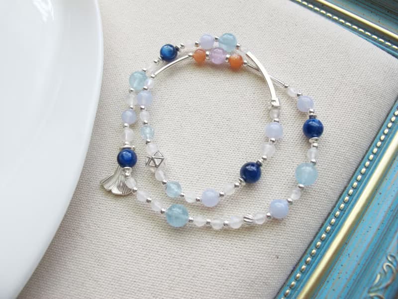 太陽石 孔賽石 藍晶石 月光石 海水藍寶 藍紋瑪瑙 雙圈手鍊