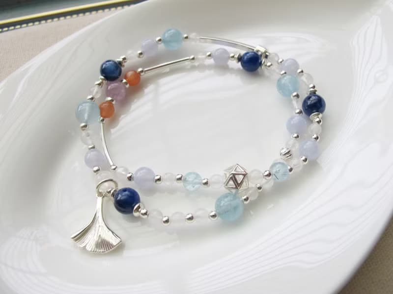 太陽石 孔賽石 藍晶石 月光石 海水藍寶 藍紋瑪瑙 雙圈手鍊