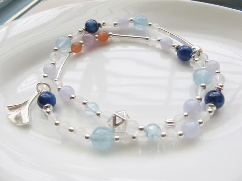 太陽石 孔賽石 藍晶石 月光石 海水藍寶 藍紋瑪瑙 雙圈手鍊