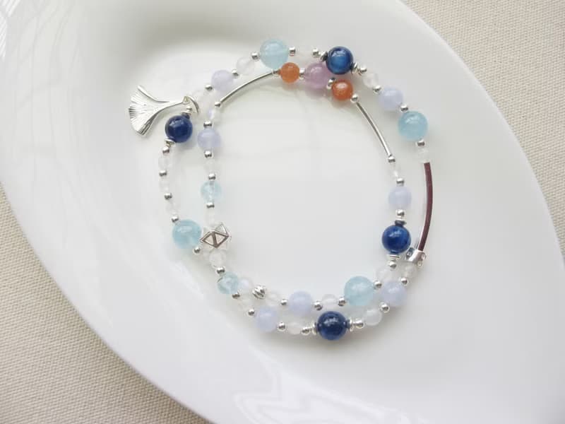 太陽石 孔賽石 藍晶石 月光石 海水藍寶 藍紋瑪瑙 雙圈手鍊