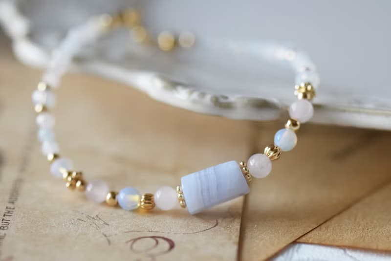 童心。馬粉 藍紋瑪瑙 蛋白石 摩根石 14K包金 水晶/天然石手鍊