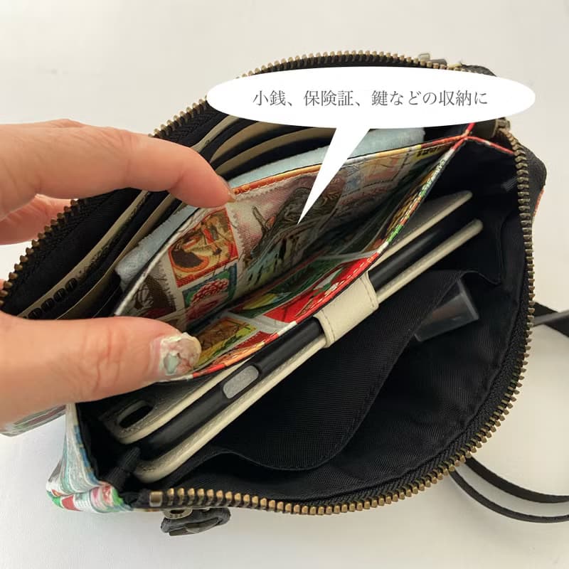 スマホも入る財布ポシェット　切手プリント ショルダーバッグ 錢包