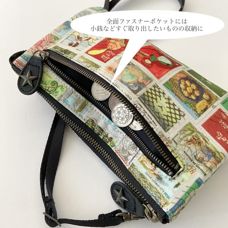 スマホも入る財布ポシェット　切手プリント ショルダーバッグ 錢包