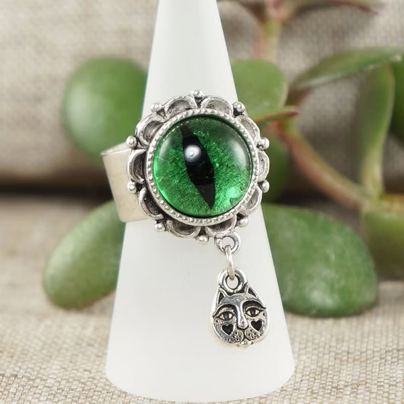 Green Glass Cat Eye Ring Silver Cat Evil Eye Protection Adjustable Ring Jewelry