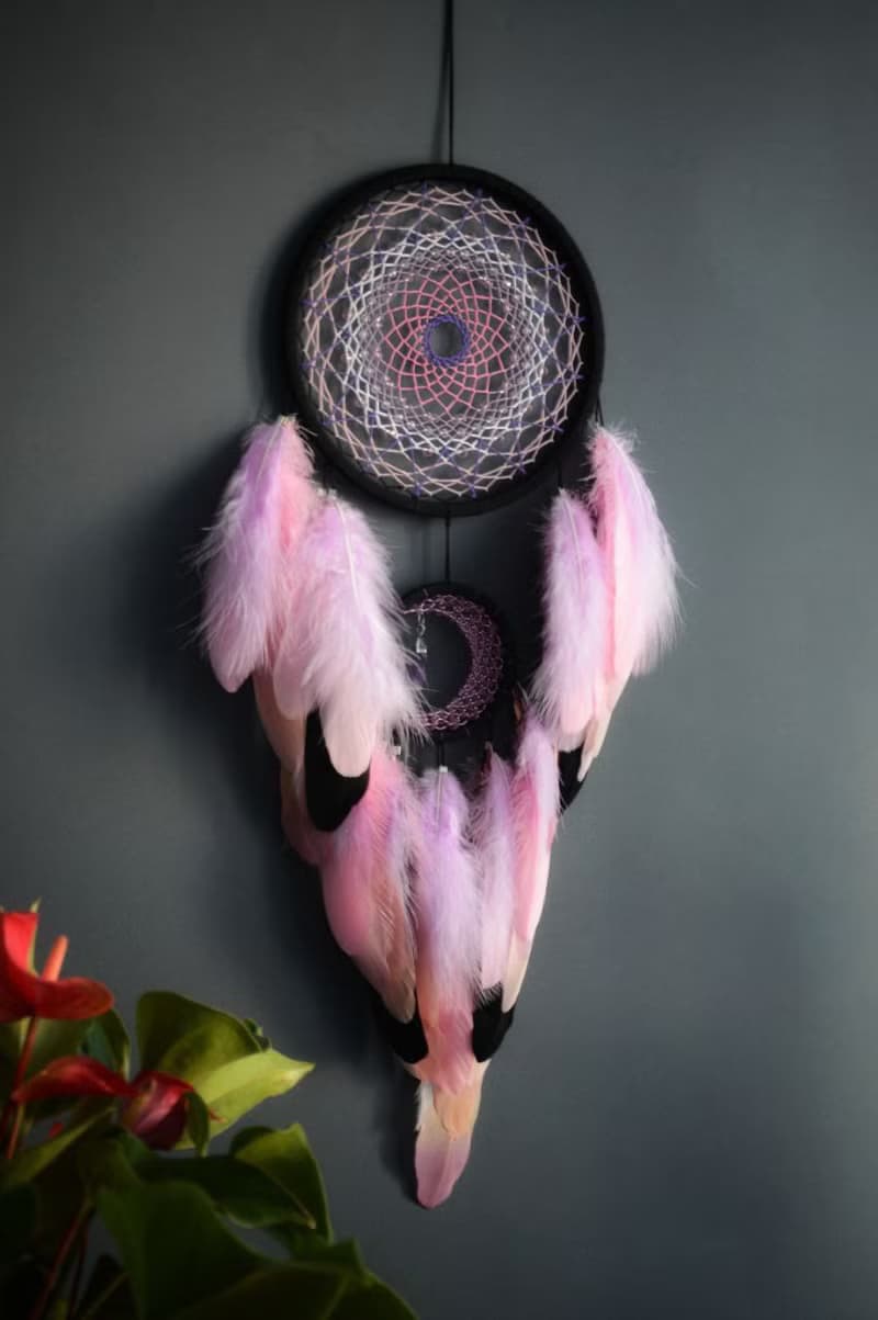 Dream catcher with amethyst crystal, Girly Blush pink with purple dream catcher