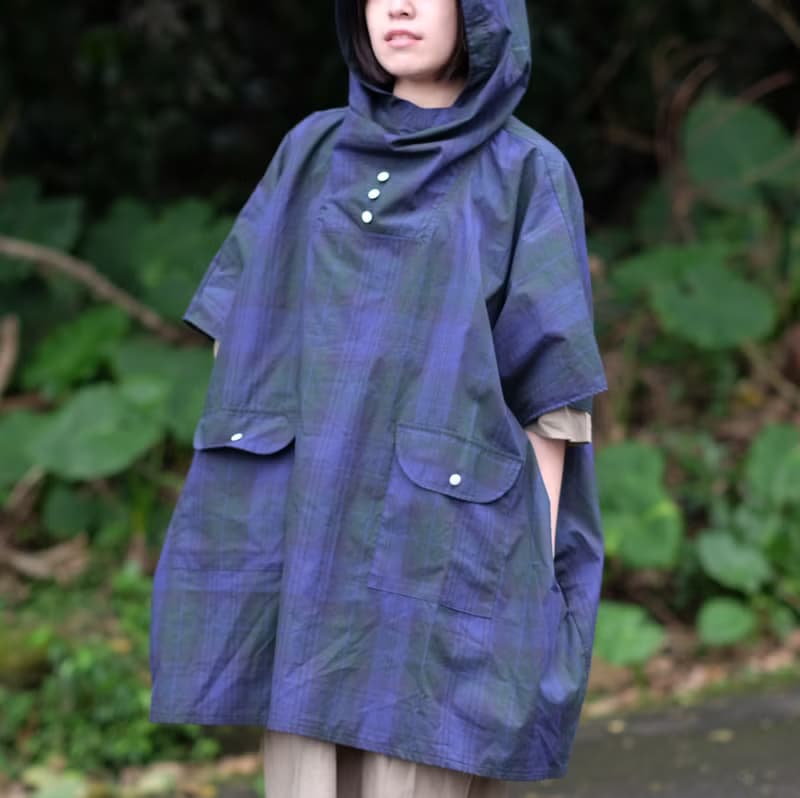 藍紫格紋斗  篷式寬版短袖連帽上衣