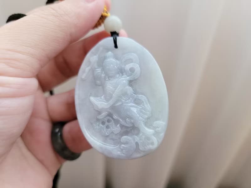 【親翠】天然翡翠 冰微帶底色厚實三太子調整式繩鏈 佛系