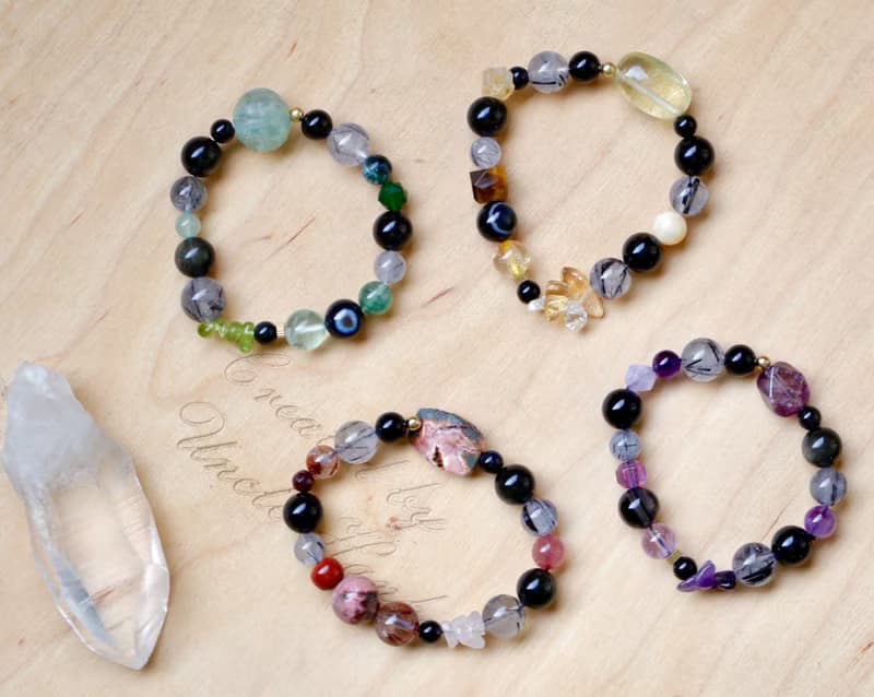 ||玄紫|| 脈輪能量智慧手鍊。黑曜石/黑髮晶/紫幽靈/薰衣草紫水晶