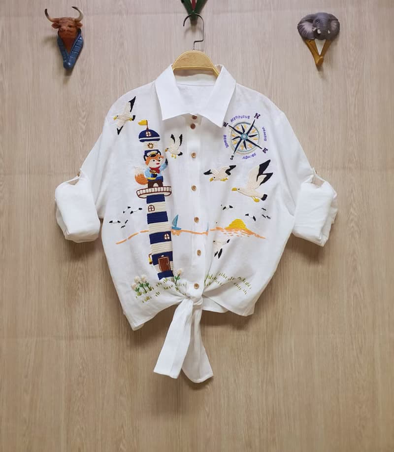 手工刺繡襯衫、亞麻、燈塔、狐狸、船、海洋、大海