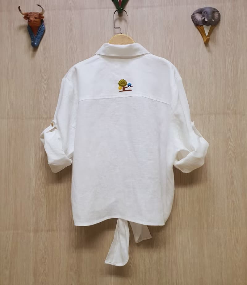 手工刺繡襯衫、亞麻、燈塔、狐狸、船、海洋、大海