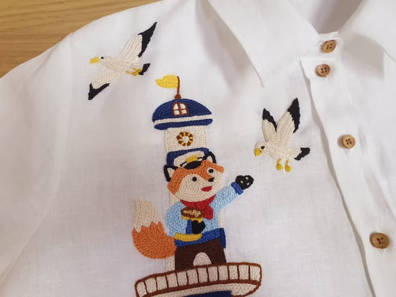 手工刺繡襯衫、亞麻、燈塔、狐狸、船、海洋、大海