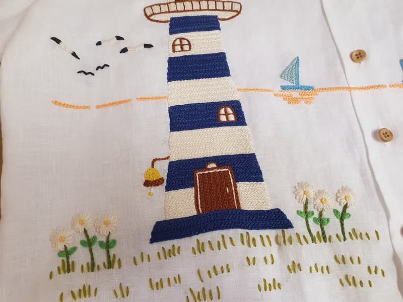 手工刺繡襯衫、亞麻、燈塔、狐狸、船、海洋、大海