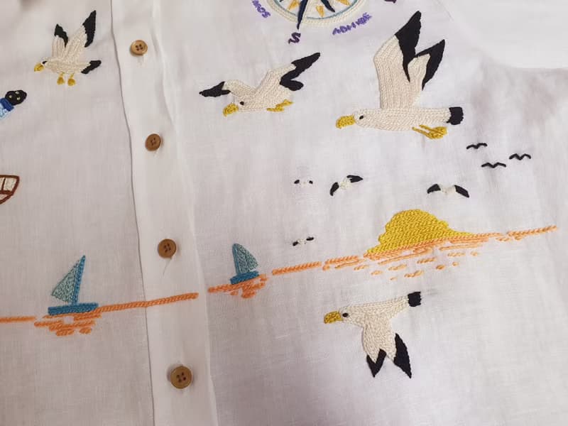 手工刺繡襯衫、亞麻、燈塔、狐狸、船、海洋、大海