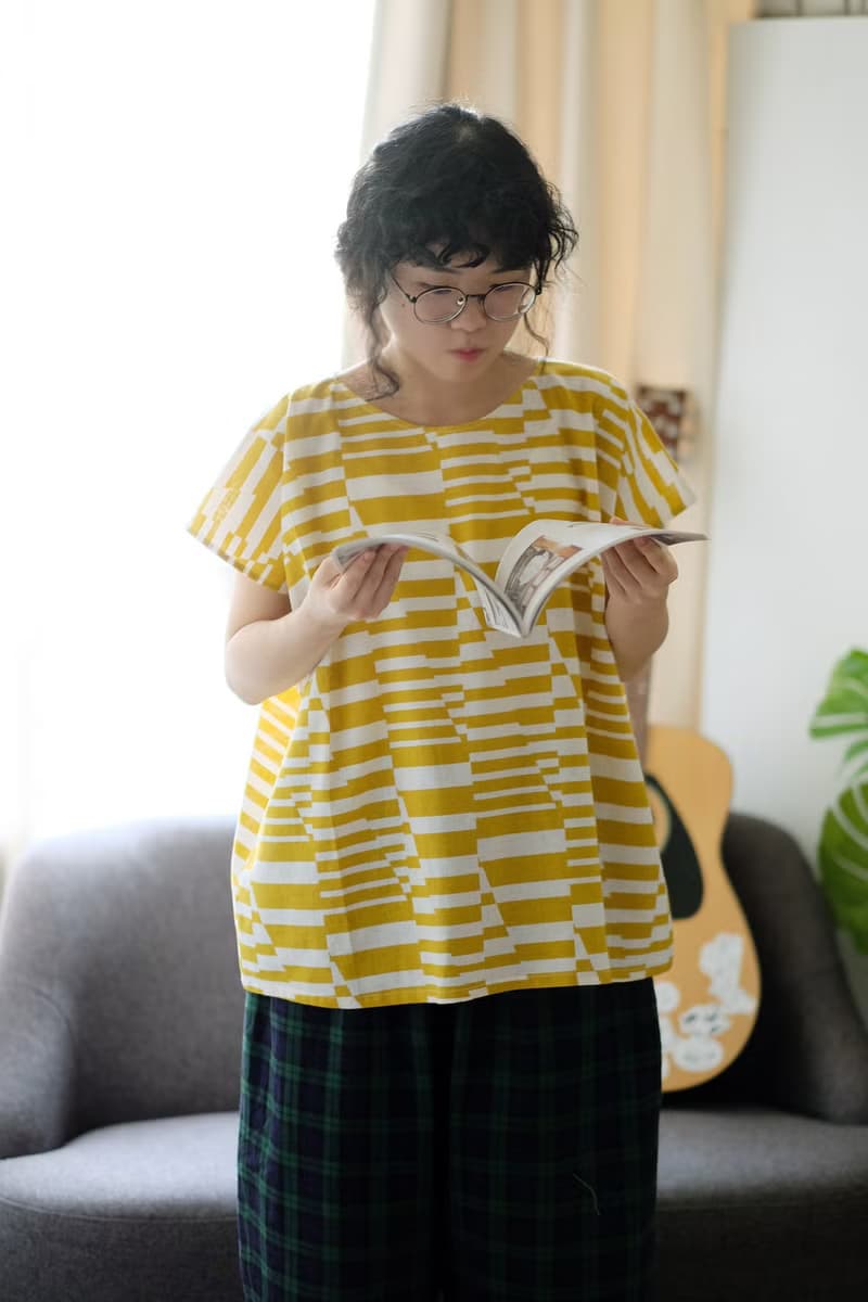 薑黃相間橫條紋 日式寬版四方衣