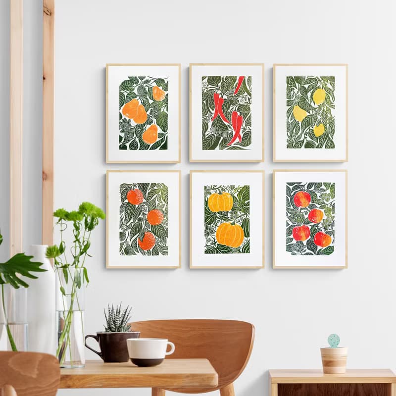 Botanical Linocut Print Apples Fruit Original Artwork Modern Kitchen Wall Decor