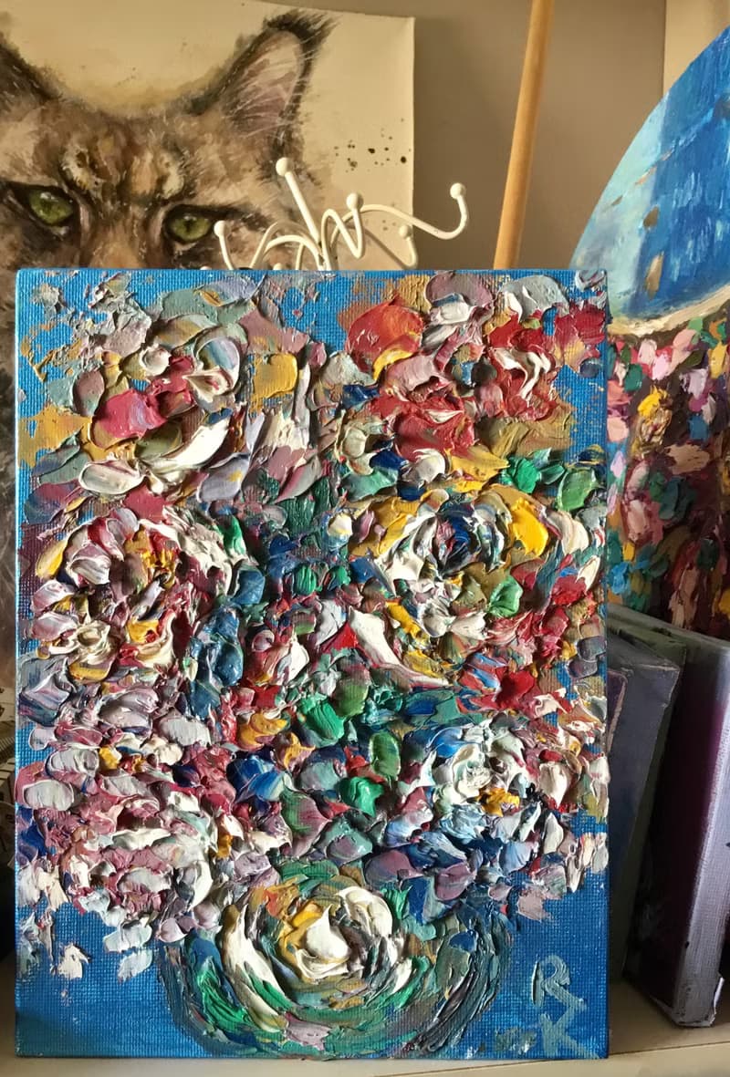 Flowers in a vase impasto oil impressionistic painting on canvas board,aceo,gift