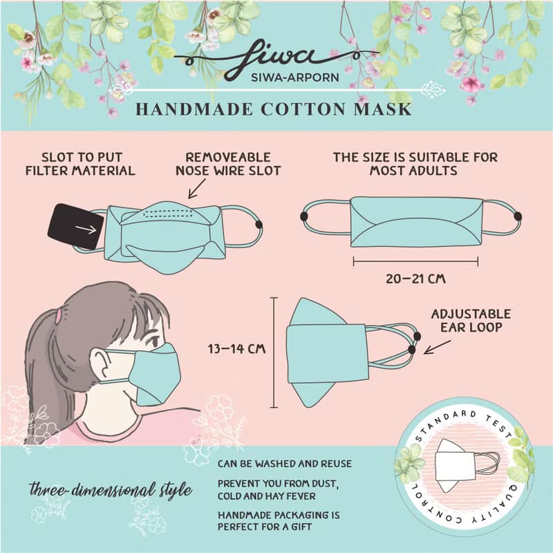 Rose facemask with removable strap - handmade 4 layers 100% double yarn cotton
