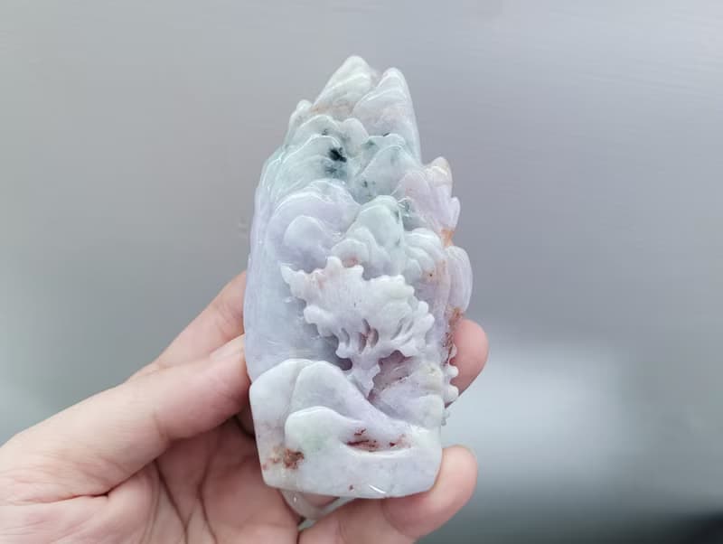 【親翠】天然翡翠 見光不死滿紫帶硃砂紅超立體極厚山水 | 美靠山
