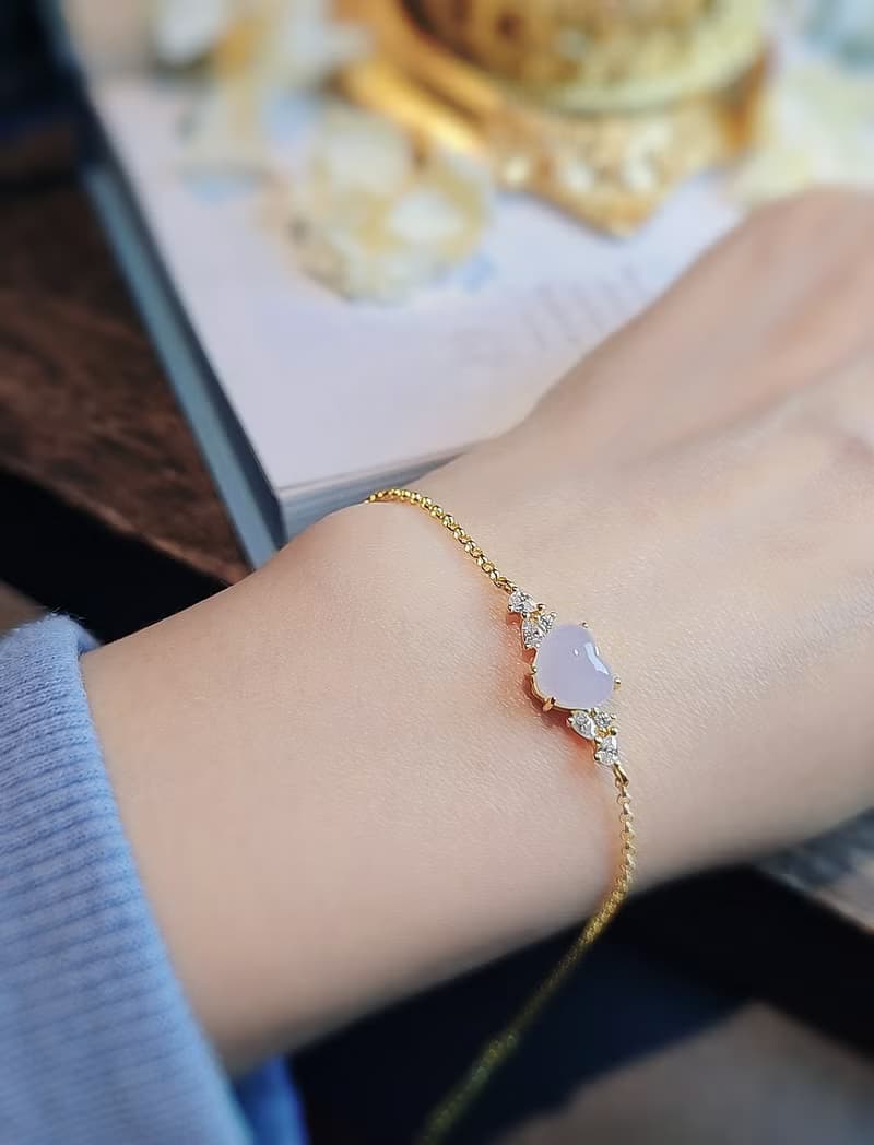 貴人•桃花|夢幻淡冰粉紫愛心|緬甸A貨翡翠純銀手鏈