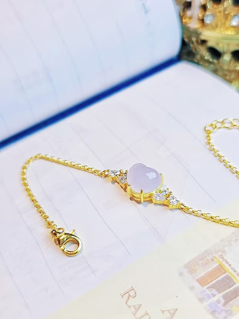 貴人•桃花|夢幻淡冰粉紫愛心|緬甸A貨翡翠純銀手鏈