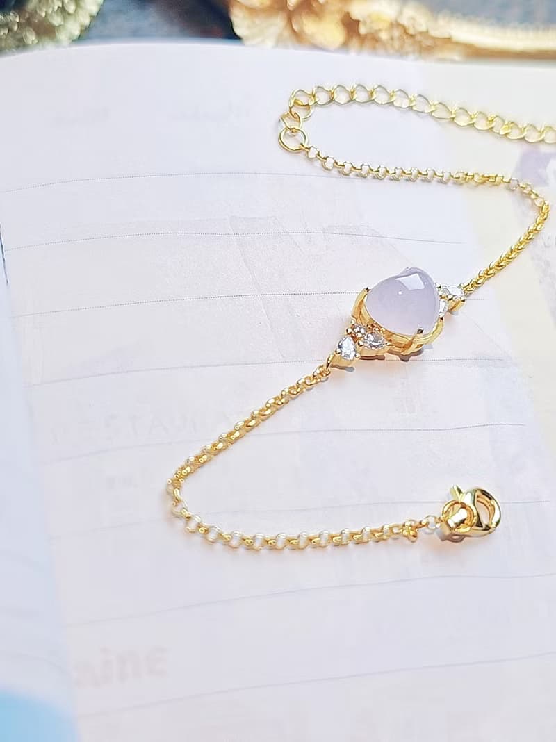 貴人•桃花|夢幻淡冰粉紫愛心|緬甸A貨翡翠純銀手鏈