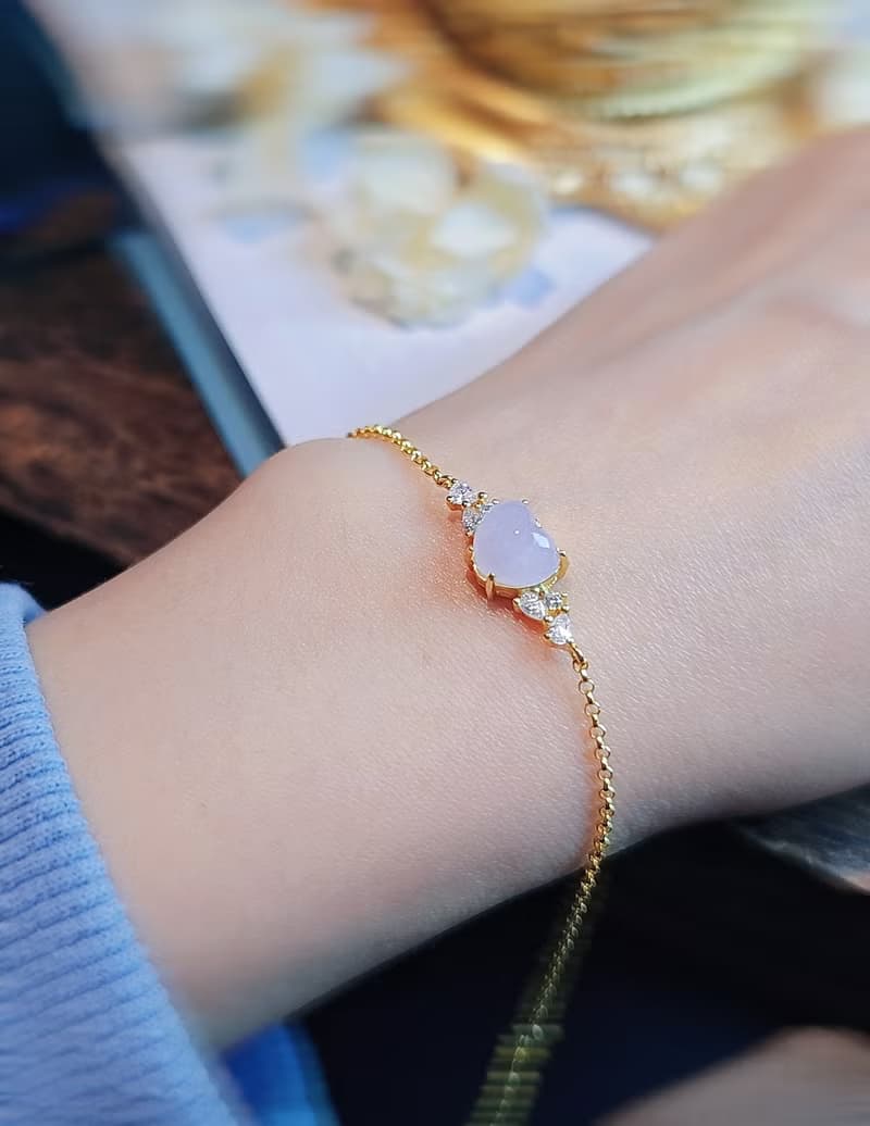 貴人•桃花|夢幻淡冰粉紫愛心|緬甸A貨翡翠純銀手鏈