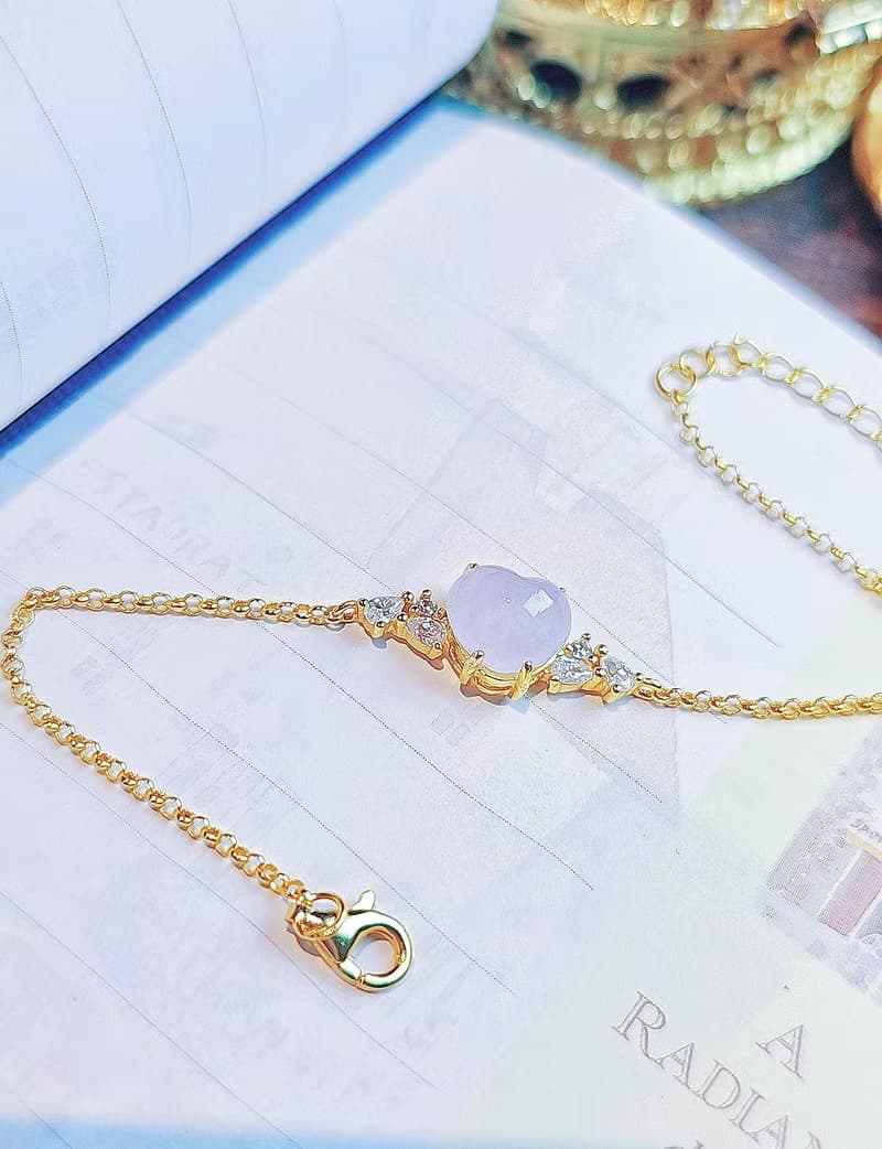 貴人•桃花|夢幻淡冰粉紫愛心|緬甸A貨翡翠純銀手鏈