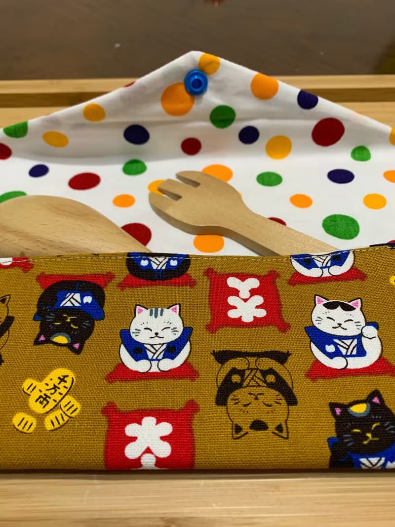 文青風環保筷袋 ~ 日系招財貓 耐看咖 收納 手作餐具袋