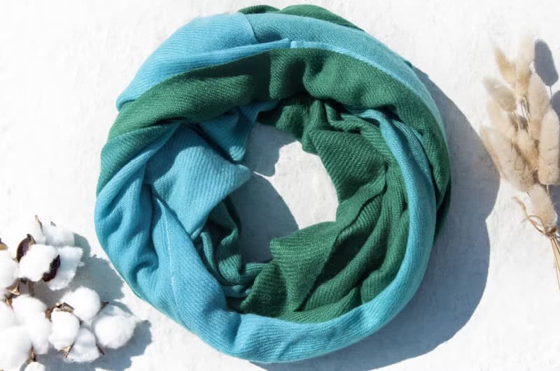 喀什米爾Cashmere/羊絨圍巾/純羊毛圍巾披巾/戒指絨披肩-藍綠漸層