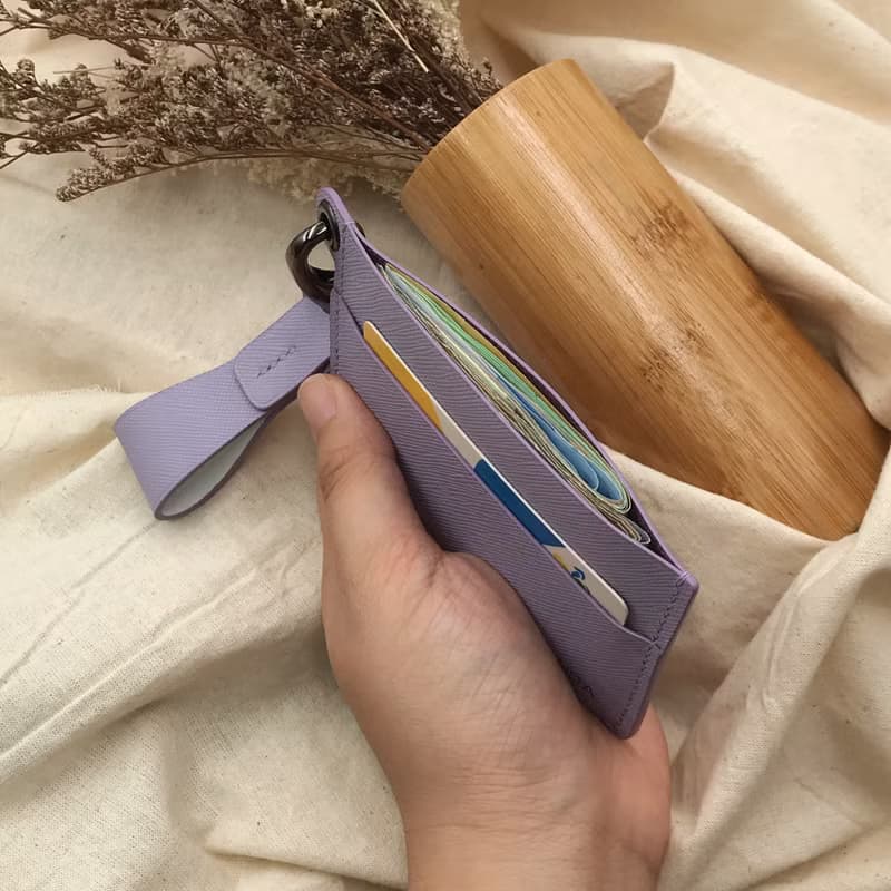 【票卡夾】粉紫色十字紋牛皮/可愛小錢包/悠遊卡套/通勤/手工皮革