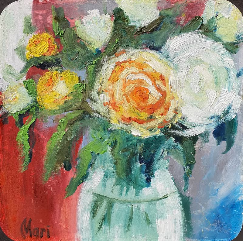 Roses Painting Bouquet Vase Wall Art White Orange Flowers Original Art Floral