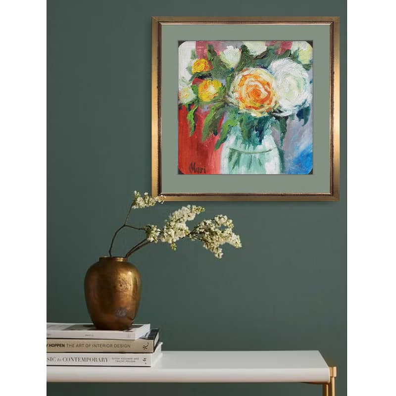 Roses Painting Bouquet Vase Wall Art White Orange Flowers Original Art Floral