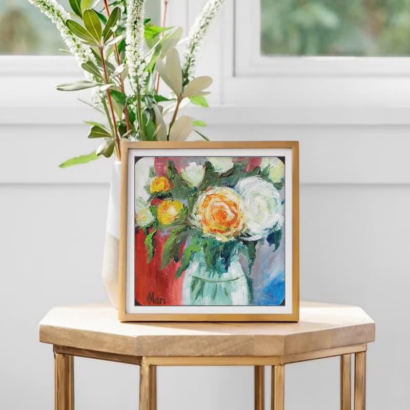 Roses Painting Bouquet Vase Wall Art White Orange Flowers Original Art Floral