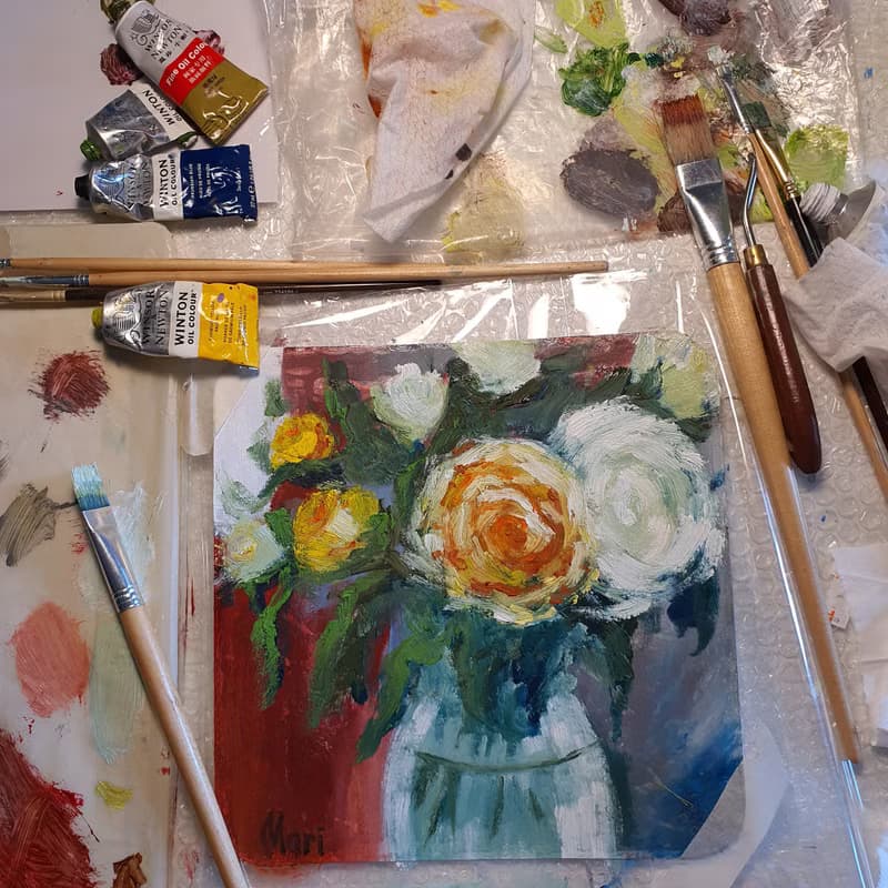 Roses Painting Bouquet Vase Wall Art White Orange Flowers Original Art Floral