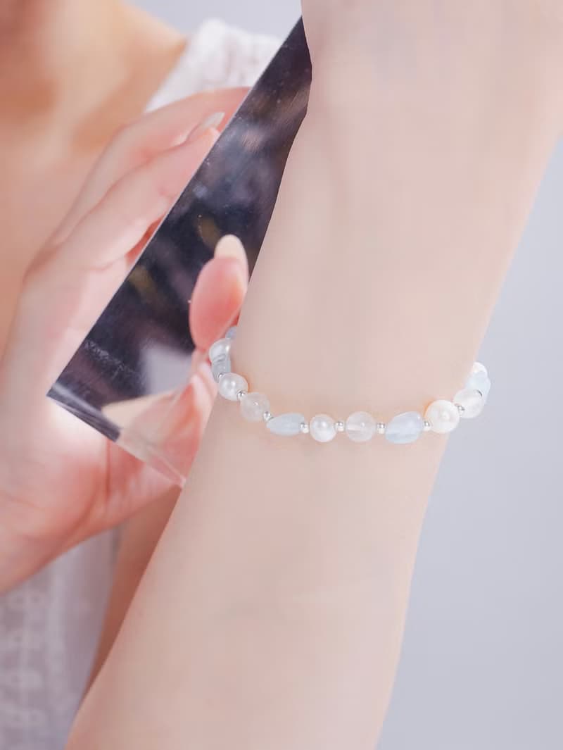 月白系 | 水波 - 純銀 海藍寶 月光石 透明 水晶 珍珠 手環