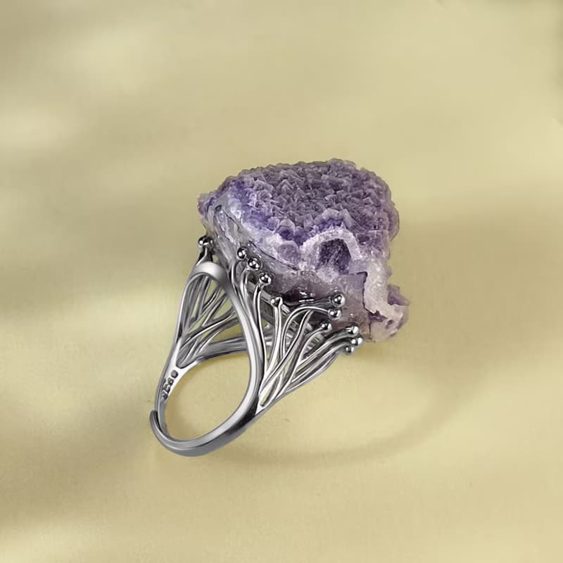 淺色霧面 紫水晶活口戒指 隨形原石標本 異象閃片手工指環 S925銀