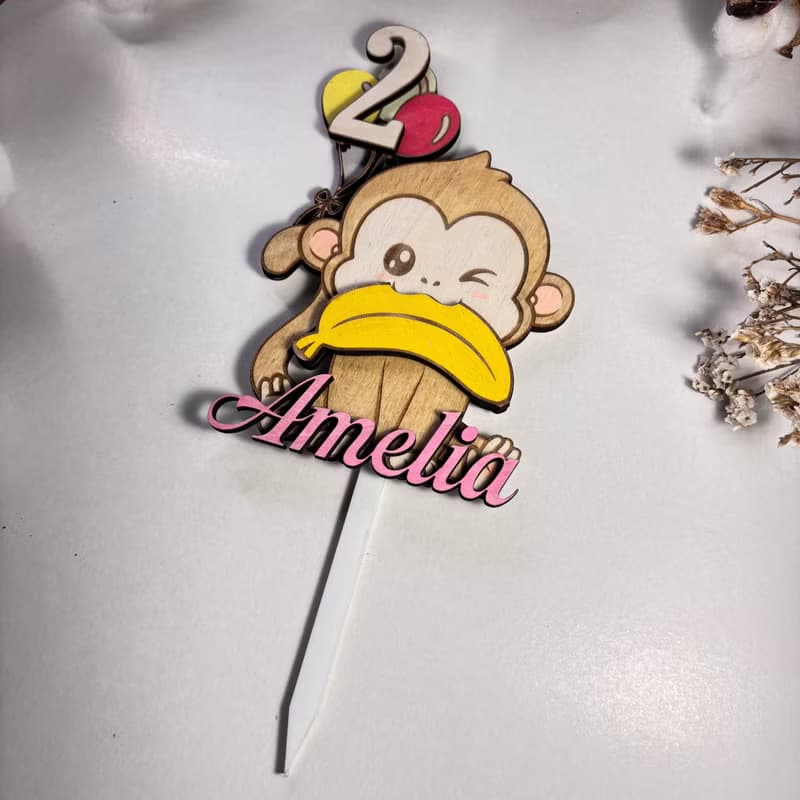 Monkey Wood Custom Cake Topper - Hand Painted Birthday Keepsake - Custom Name