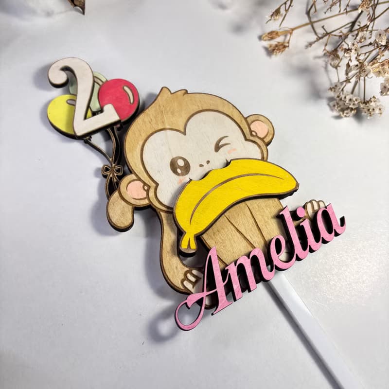 Monkey Wood Custom Cake Topper - Hand Painted Birthday Keepsake - Custom Name