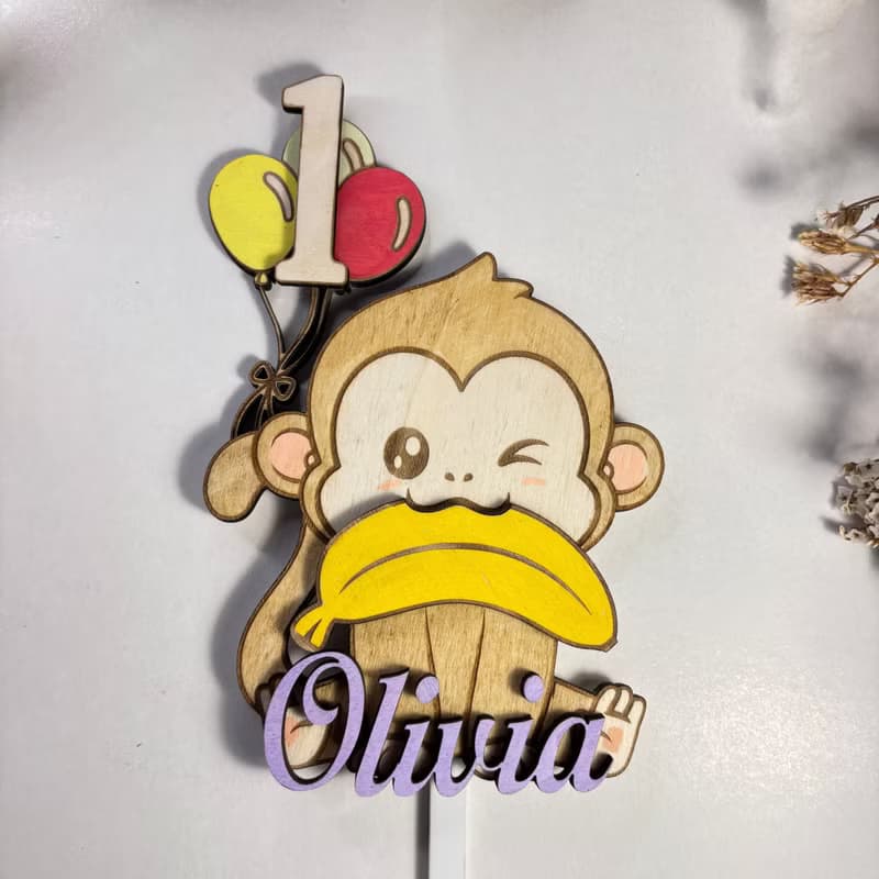 Monkey Wood Custom Cake Topper - Hand Painted Birthday Keepsake - Custom Name