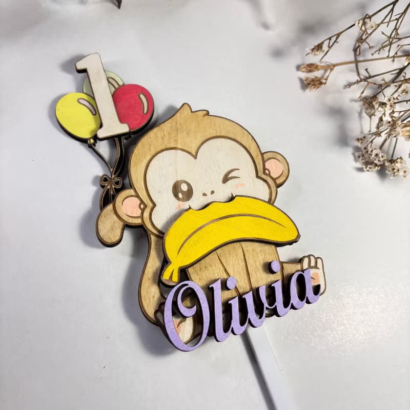 Monkey Wood Custom Cake Topper - Hand Painted Birthday Keepsake - Custom Name