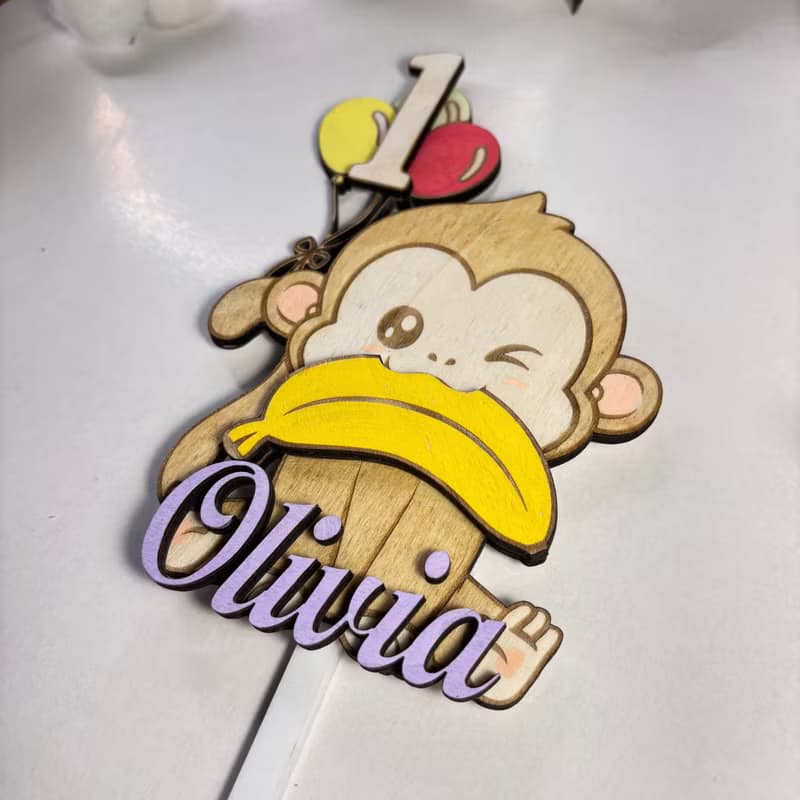 Monkey Wood Custom Cake Topper - Hand Painted Birthday Keepsake - Custom Name