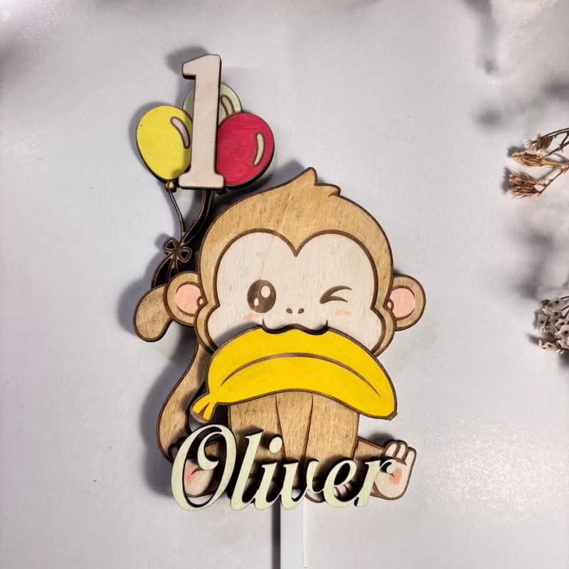 Monkey Wood Custom Cake Topper - Hand Painted Birthday Keepsake - Custom Name